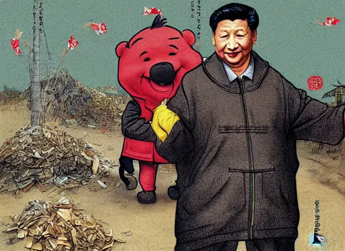 Image similar to portrait of Xi Jinping wearing a Winnie the Pooh onesie in a trashy Chinese dirt poor landfill, hungry, beta weak male, digital painting, concept art, smooth, sharp focus, illustration, from Slumdog Millionaire, by Hieronymus Bosch pastiche, horror element