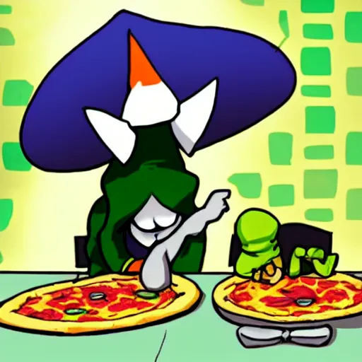 Prompt: ralsei from deltarune eating pizza with asriel from deltarune