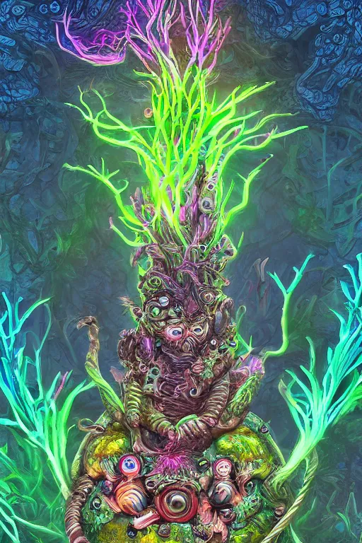 Image similar to creature sushi roots cactus elemental flush of force nature micro world fluo light deepdream a wild amazing steampunk baroque ancient alien creature, intricate detail, colorful digital painting radiating a glowing aura global illumination ray tracing