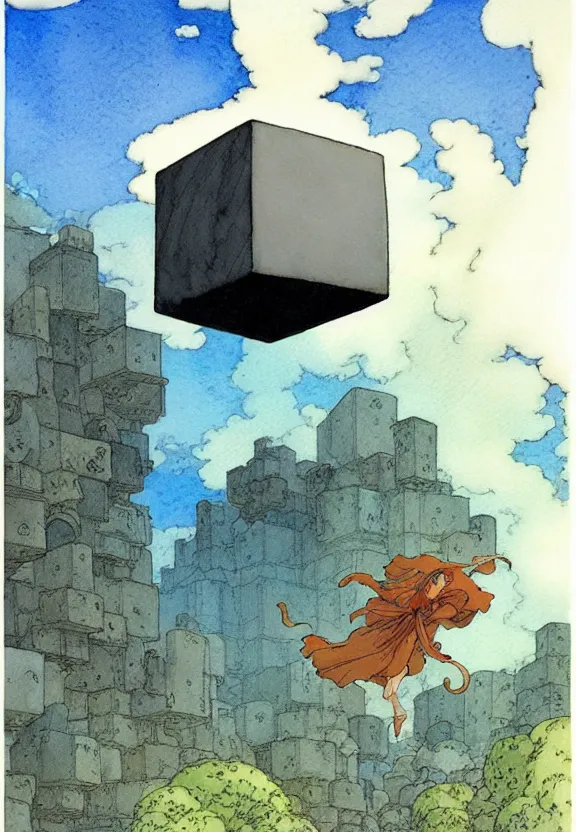 Prompt: a simple watercolor fantasy concept art of a giant grey cube floating in the air. by studio ghibli, rebecca guay, michael kaluta, charles vess