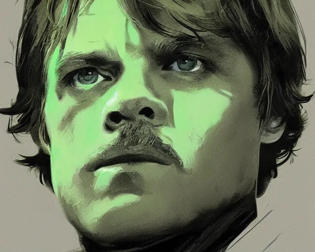 Image similar to portrait of luke skywalker mark hamill young from star wars 6 return of the jedi 1 9 8 3 in shades of grey but with green by jeremy mann