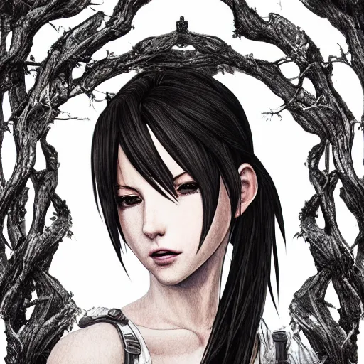 Image similar to a portrait of tifa lockhart beautiful elegant partially made of potatoes roots and violets, an ultrafine detailed illustration by james jean, final fantasy, intricate linework, bright colors, behance contest winner, vanitas, angular, altermodern, unreal engine 5 highly rendered, global illumination, radiant light, detailed and intricate environment