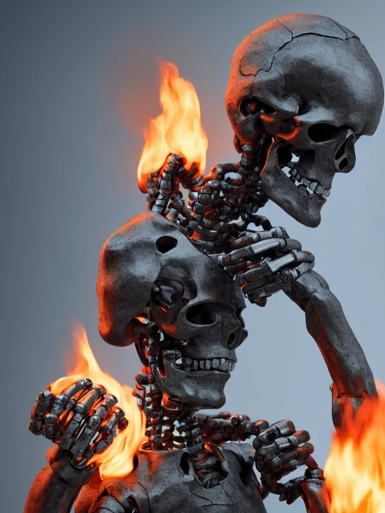 Image similar to the thinker sculpture as an skully I Robot with a smoke and fire background, by mario feng, ray tracing, master shot, octane render, 8k, ultra hd, perfect light