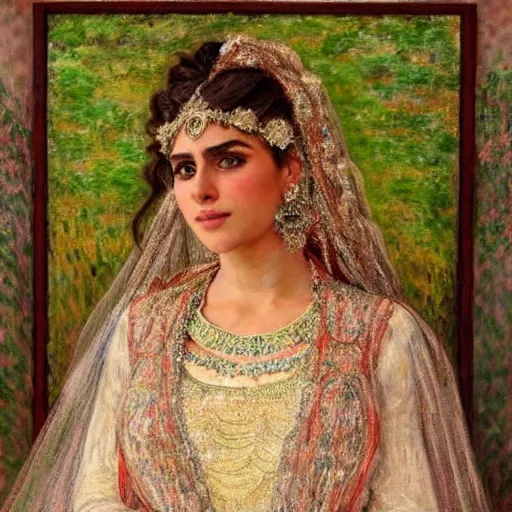 Image similar to full body portrait of a beautiful Kurdish bride wearing a beautiful wedding dress, very detailed eyes, hyperrealistic, beautiful and symmetrical face, very detailed painting by Claude Monet and Alphonse Mucha, trending on artstation, extremely high detail, incredibly intricate