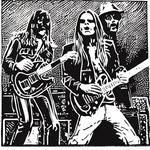 Prompt: a linocut engraving of black sabbath playing a concert