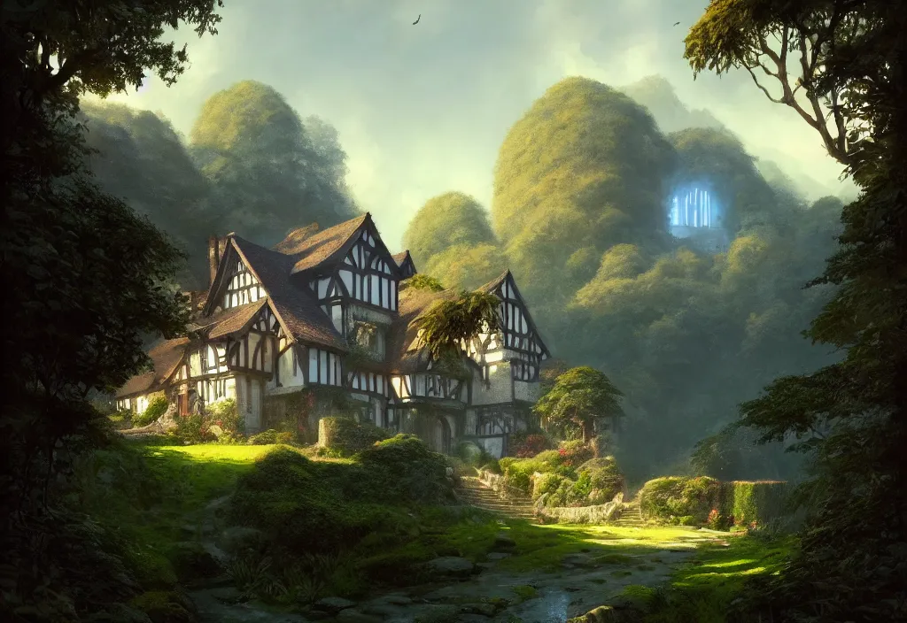 Prompt: a tudor house on a hillside surrounded by jungle with a gravel path leading towards it, blue sky, cinematic view, detailed architecture, concept art, high detail, well lit, volumetric, godrays, vivid, trending on artstation, by jordan grimmer, art greg rutkowski