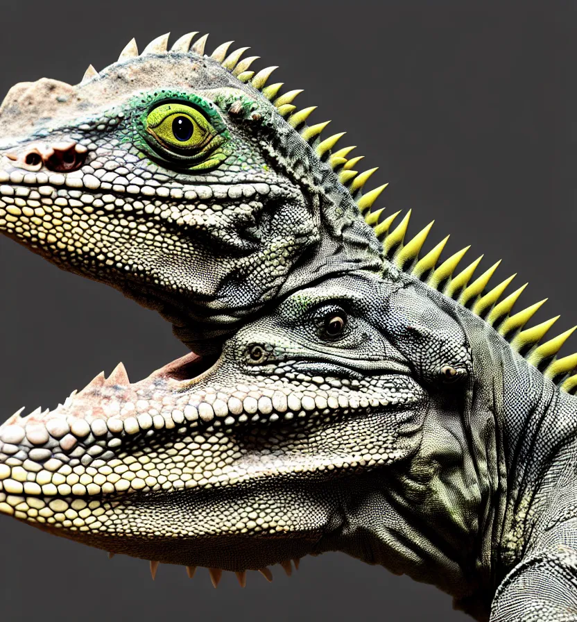 Prompt: antasy creature setting all : iguana head : : 0. 5 the head has a symmetrical horn and tumor, and there is a rhino horn at the front of the beak, and the mouth is open to reveal a mouth full of fangs with huge wings, full body rich detail realistic photoreal photorealistic octane render 8 k