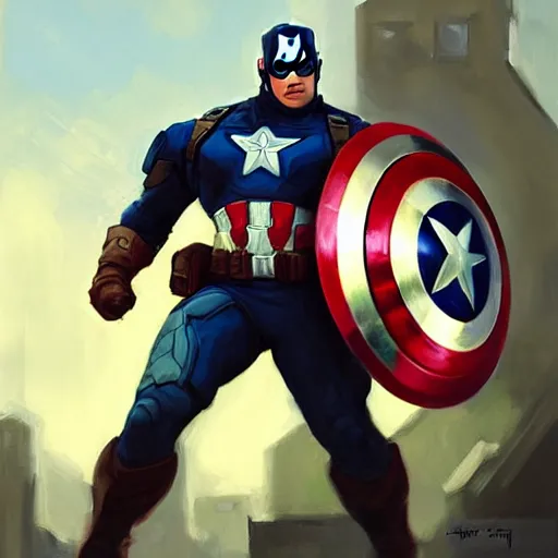 Prompt: greg manchess portrait painting of heavily armored captain america as overwatch character, totally whack, medium shot, asymmetrical, profile picture, organic painting, sunny day, matte painting, bold shapes, hard edges, street art, trending on artstation, by huang guangjian and gil elvgren and sachin teng