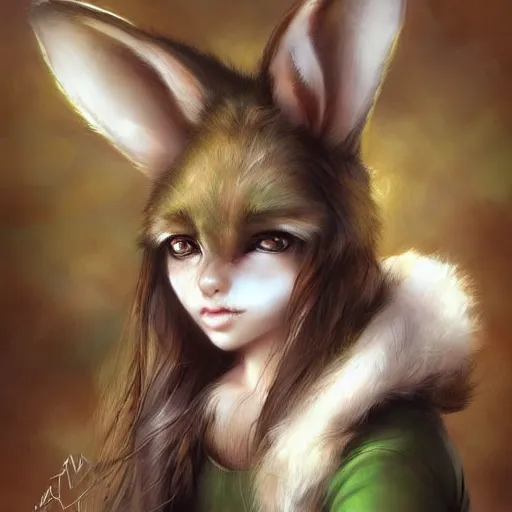 Image similar to cute anthropomorphic bunny, green eyes, light brown fur, wlop, artgerm, royo