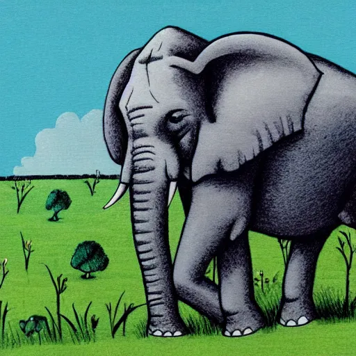 Prompt: an elephant on a green meadow ilustration art by Groening Matt