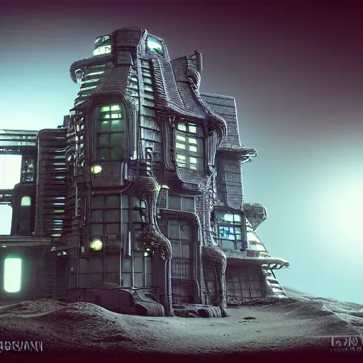 Image similar to house harkonnen from dune designed by hr giger moebius leonardo da vinci anton la vey and yasushi nirasawa, octane render, photorealistic, hdr, volumetric lighting, bokeh, sunset peeking through angular windows, advanced architectural design with led light background, glowing small red diodes, menacing design, 8 k - w 9 6 0