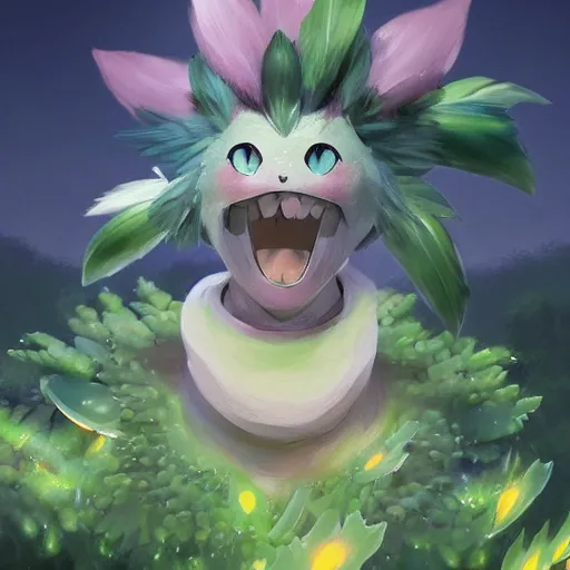 Image similar to a cute beautiful plant type pokemon with happy smile, green feathers bursting out of his hair, full body portrait, highly detailed digital art, 3 d perspective, award - winning illustration, aesthetic, smooth, pokemon style, made by greg rutkowski, with an alien landscape in the background