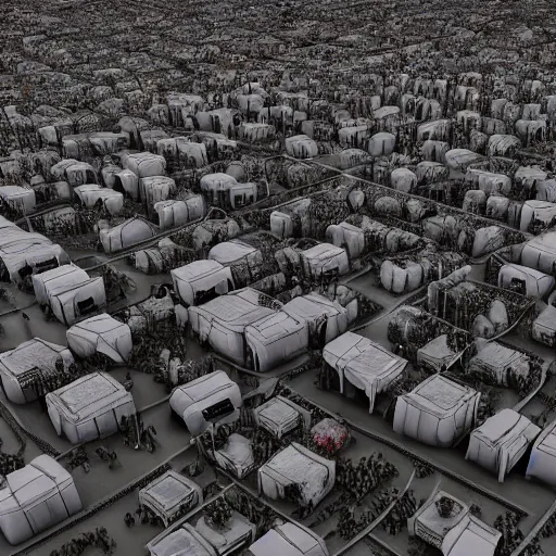 Prompt: Digital art, trending on Artstation, Dark and rainy mega city with towering walls built to block the migrants of the coming climate change migrant crisis showing piles of hundred bodies outside to maintain a quality of life for those who can survive the severe and deadly weather patterns observing small children targeted by advanced military style drones, dystopian, octane render, pbr render, highly detailed, tilt shift background, wide depth of field, 8k, 35mm film grain