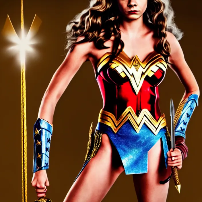 Image similar to professional full length photograph of cara delevingne as wonder woman. Extremely detailed. 8k