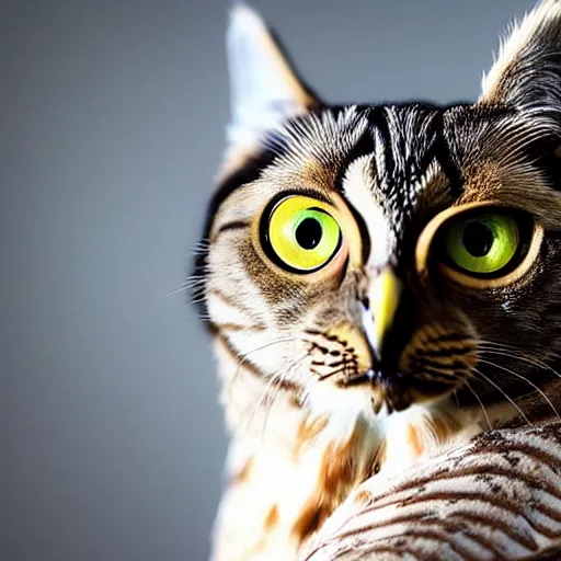 Prompt: a feline owl - cat - hybrid, animal photography