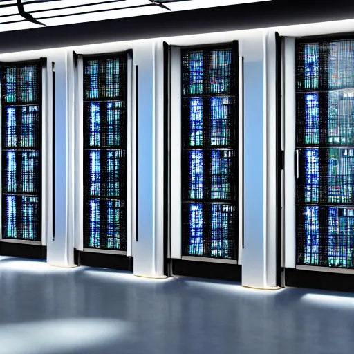 Image similar to a closeup photorealistic photograph of a ferarri themed server room in a data center. ferarri shaped servers. bright scene. fine detail. this 4 k hd image is trending on artstation, featured on behance, well - rendered, extra crisp, features intricate detail, epic composition and the style of unreal engine.