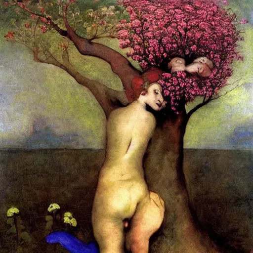 Prompt: tree where the trunk is a beautiful woman's head blooming with flowers, by Odd Nerdrum, by Francisco Goya, by M.C. Escher, beautiful, eerie, surreal, colorful