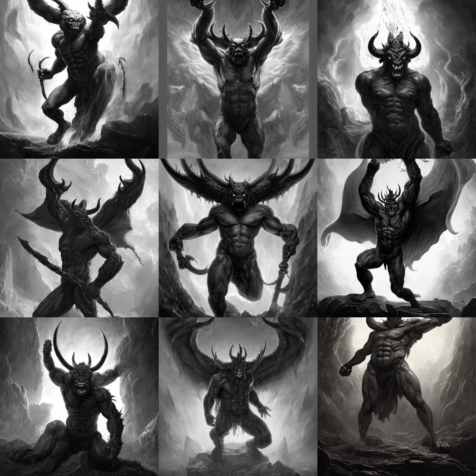 Prompt: full body, grayscale, 3/4 view, muscled humanoid balrog demon, diablo, horns, claws, large horned tail, heroic pose, flames, fire, tarot, lineart, Gustave Dore, Greg Rutkowski,