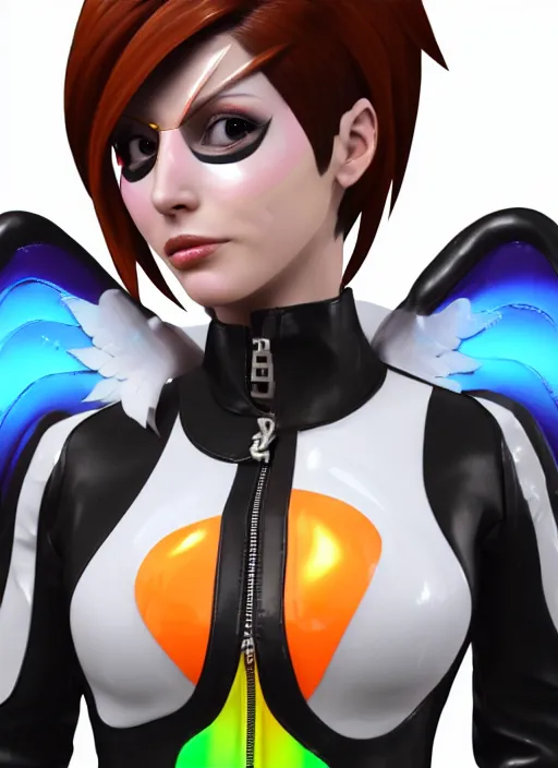 Image similar to portrait bust digital artwork of tracer overwatch, wearing white iridescent rainbow latex and leather straps catsuit outfit, 4 k, expressive happy smug expression, makeup, in style of mark arian, angel wings, wearing detailed black leather collar, chains, black leather harness, detailed face and eyes,