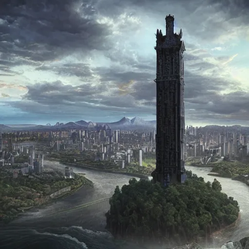 Image similar to an ultra detailed matte painting of the one impossibly tall ominous dark tower elevated high above the city, on an island in a river elevated high above the city fortress tower, fantasy capital city, ultrawide lense, aerial photography, volumetric lighting, exquisite detail, octane render, 8 k postprocessing, art by artgerm and greg rutkowski and alphonse mucha