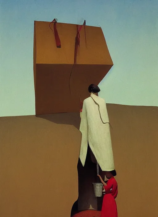 Image similar to women in paper bag over the head and a sward at neo-andean architecture restaurant Edward Hopper and James Gilleard, Zdzislaw Beksinski, highly detailed