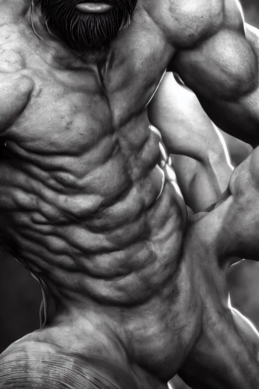 Image similar to a single muscular man wearing torn clothes, looking to the right, profile picture, hyperrealistic, concept art, octane render, unreal engine 5, trending on artstation, high quality, highly detailed, 8 k, dramatic lighting, cinematic, high coherence, anatomically correct, five fingers, digital art, seductive, black and white, big beard