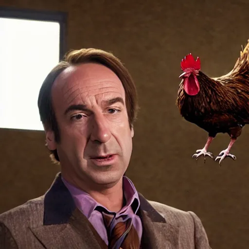 Image similar to saul goodman and a rooster in a saw movie torture chamber, scary torture devices in the background, saul goodman, rooster, photo