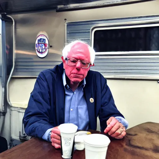 Image similar to Bernie sanders with a mullet drinking a pbr in a trailer park