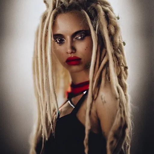 Image similar to instagram photography flawless beautiful female with blonde and red dreadlocks in a black ballgown, dark, piercing clear eyes, symmetrical golden ration exotic stoic expression, photorealistic, highly detailed, mysterious lighting, smooth, sharp focus, 8 0 mm camera