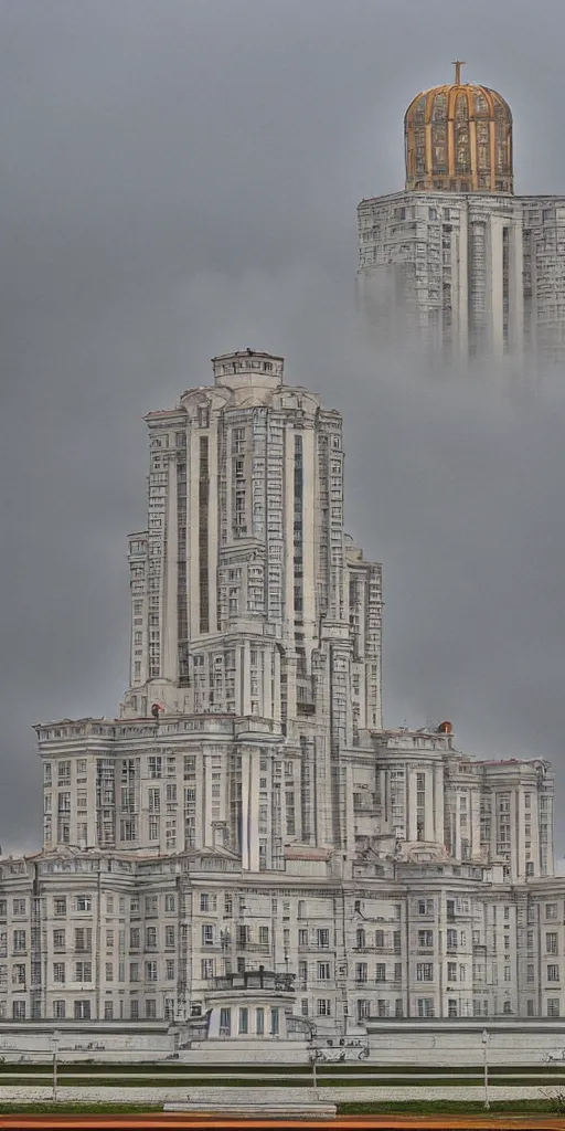 Prompt: The palace of Russian cosmos cultists, monumental soviet building, stalinist ampir architecture breaking through the clouds, warm, 40-s style, breathtaking, down to up view, painting