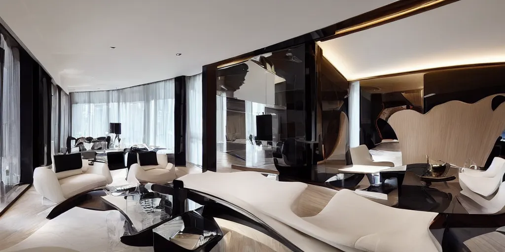 Prompt: living room designed by zaha hadid with wood paneling, futuristic furniture, led lighting, minimalist interior design, modern architecture, photography