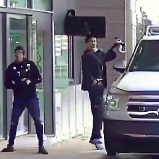 Image similar to security camera footage of cristiano ronaldo trying to rob a bank, he is holding a gun and a bag with the dollar sign
