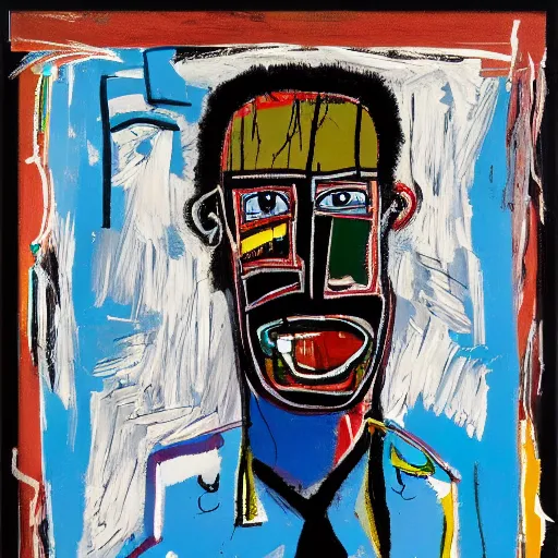 Prompt: Evening time . Sun rays are pouring through the window lighting the face of an angry man who just dropped a blue cup of coffee. Detailed and intricate brush strokes, oil paint and spray paint, markers, paper collage, crayon transfer on canvas. Painting by Basquiat, 1984