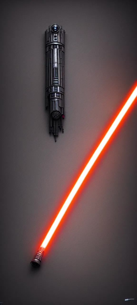 Image similar to ultra - detailed cinematic render, of a lightsaber hilt, that lies vertically on a carved stone, lit up in a dark room, photo from above, octane render, by mizuriau on deviantart, high quality, digital art, 8 k, jedi fallen order, volumetric lighting