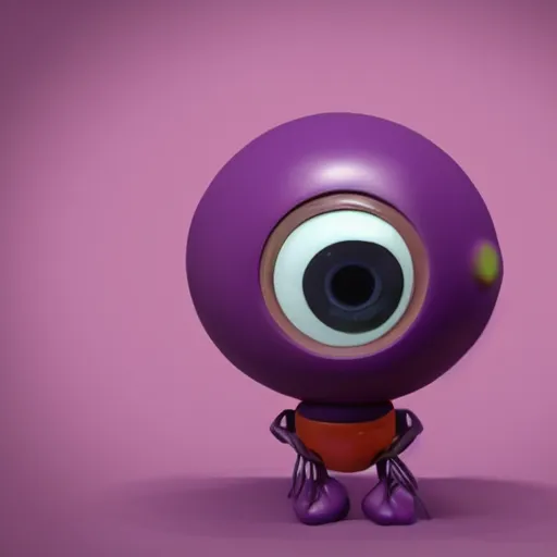 Image similar to photo of a comically tiny clay model of character with large spherical purple head and large childlike eyes with comically tiny body and spindly limbs leans close to the camera, fish eye lens, 4 k, hyper realistic, hyper detailed face, octane render, comedic, cute