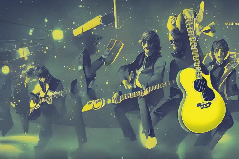 Prompt: the beatles performs with guitar on a yellow spaceship, art by mike winkelmann, trending on cgsociety, retrofuturism, darksynth, sci - fi