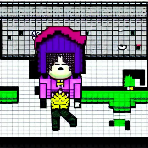 Image similar to ralsei, kris and susie from deltarune walking friendly village in winter, pixel art, 8 bit