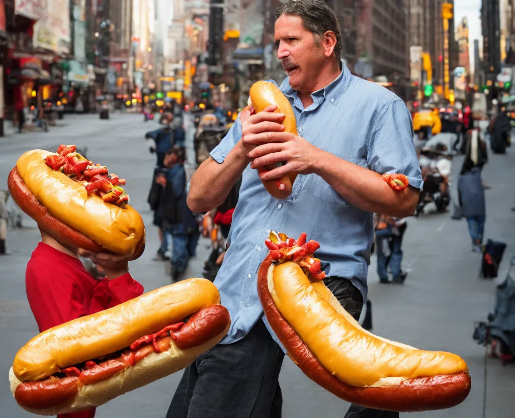 Image similar to closeup portrait of a man carrying a giant hotdog, smoky new york back street, by Annie Leibovitz and Steve McCurry, natural light, detailed face, CANON Eos C300, ƒ1.8, 35mm, 8K, medium-format print