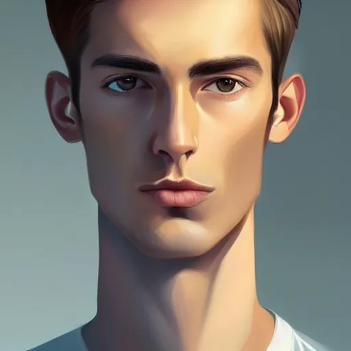 Image similar to tall man in his twenties with brown blond short quiff hair and thin slightly round facial structure with cleft chin, straight eyebrows and prominent nose, good definition of cheekbones, big hazel nut brown eyes, narrow face, slim body, atmospheric lighting, painted, intricate, 4 k, highly detailed by charlie bowater