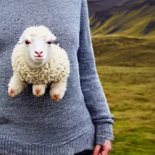 Prompt: lamb wearing a sweater staring at the camera, mid torso up frame, bokeh, iceland hills in the background