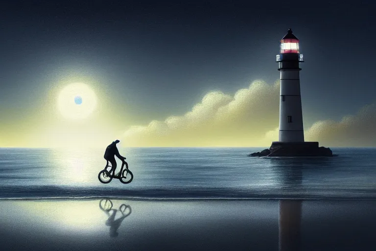 Image similar to photo of man riding a bicycle along the beach, glowing underwater toward a lighthouse in the distance, silhouette, wide horizon, large white clouds, night, intricate, elegant, highly detailed, digital painting, artstation, concept art, smooth, sharp focus, illustration, art by artgerm and greg rutkowski and fra angelico