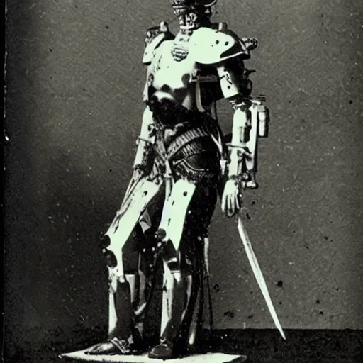 Image similar to grainy 1800s photo of the king of england surrending to cybernetic warriors