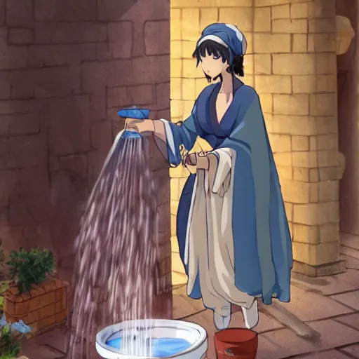 Image similar to an anime waifu in a greek attire pouring water out of a vase into a fountain, spanish ghibli alleyway