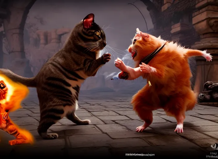 Prompt: hamster fights a cat in mortal kombat on the background of a laughing shao khan. fantasy magic style. highly detailed 8 k. intricate. lifelike. soft light. sony a 7 r iv 5 5 mm. unreal engine with nanite and path tracing