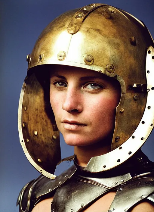 Prompt: close - up portrait of female roman gladiator with helmet and armor, color photograph by annie leibovitz