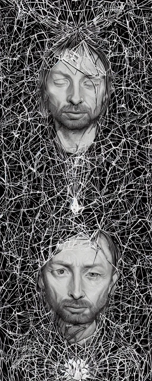 Image similar to disco diffusion portrait of Thom Yorke, hiding in the bushes looking shifty:: cosmic tarot card, intricate fractal details, broken physics, fanciful floral mandelbulb, black paper, style of Stanley Donwood