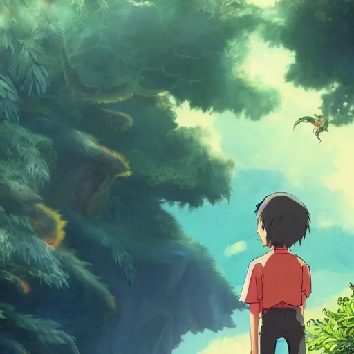 Prompt: friendly guy and small creature , with Fragile looking character portrait face made by Studio Ghibli highly detailed art, beautiful scene, sharp focus, smooth, 8k, anime art, wild, dark, fantasy, peaceful, colorful, detailed creature