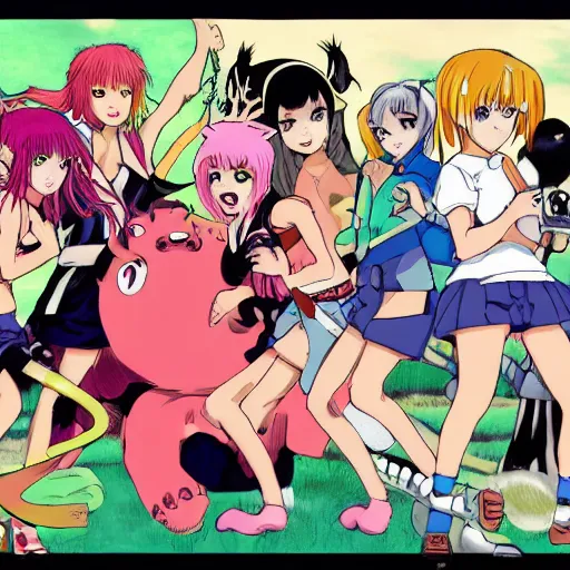 Prompt: a group of girls fighting with monster,anime