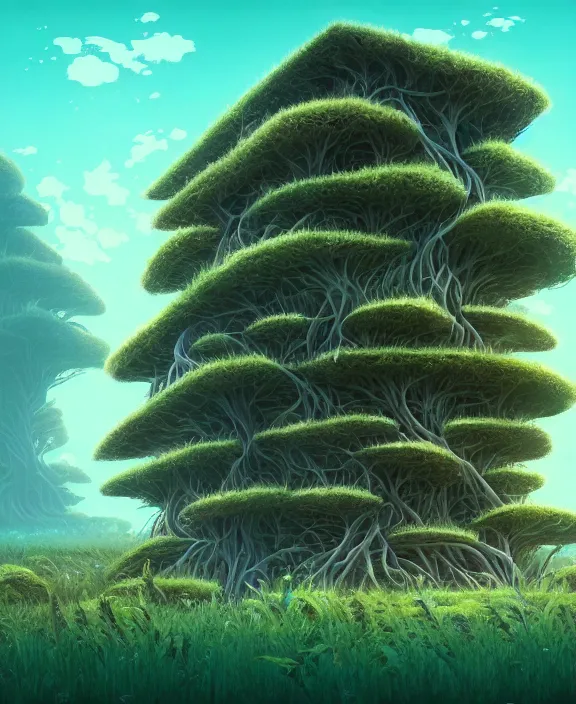 Image similar to minimalist building made from exotic fungus, overgrown with huge rare fungus, by dan mumford, yusuke murata, makoto shinkai, ross tran, underwater, hellish, cinematic, unreal engine, cel shaded, featured on artstation, pixiv