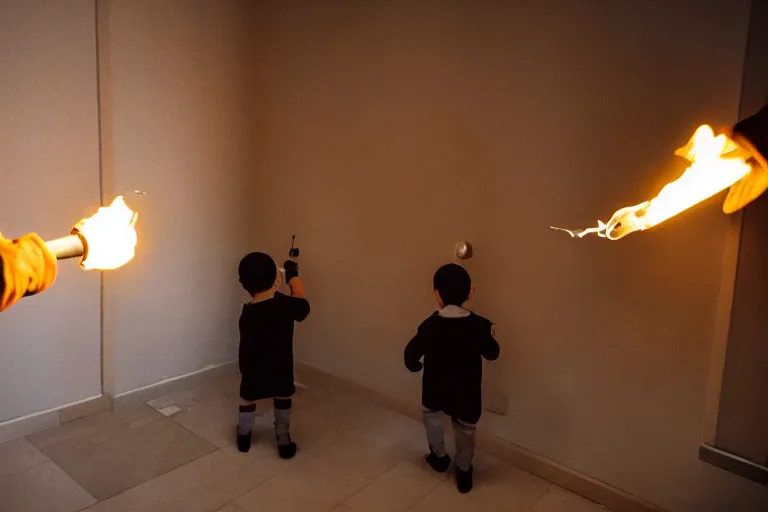 Prompt: a picture of a small child carefully holds torch through hallway filled with nightmarish monsters